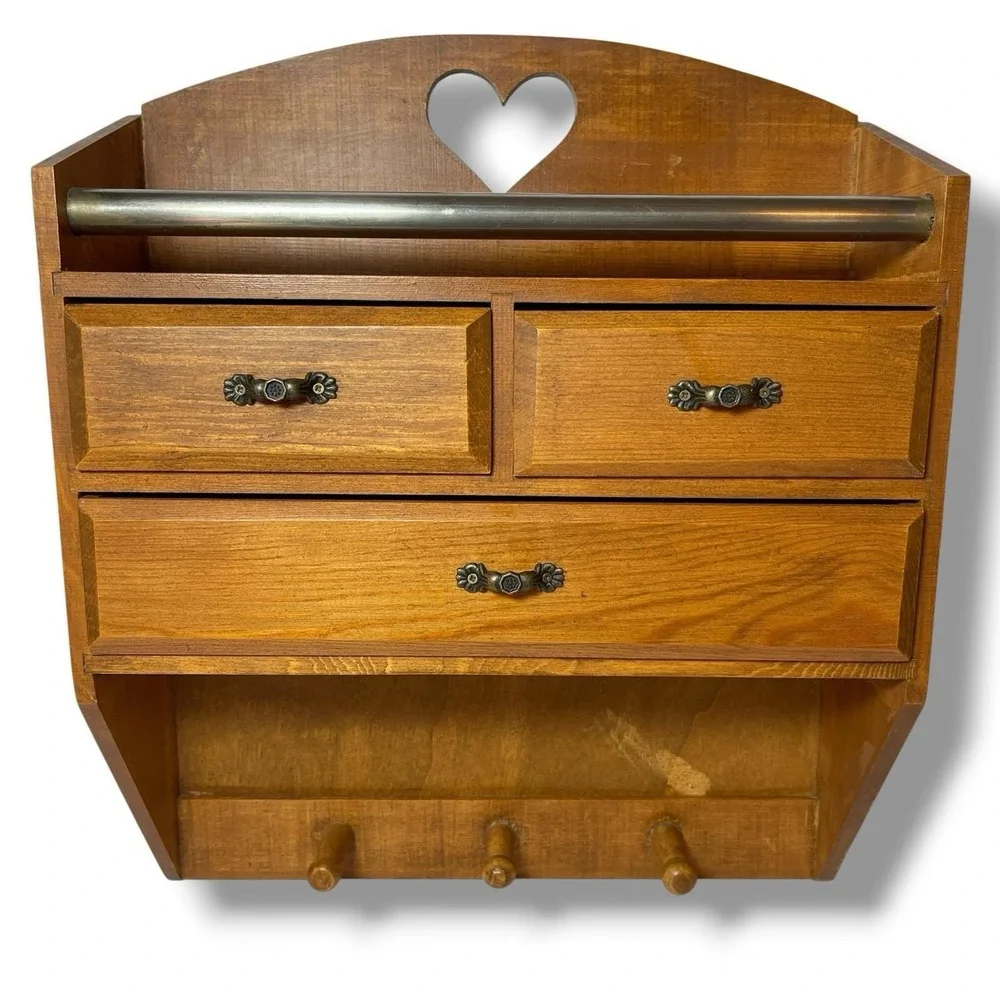 Vintage Solid Wood Heart Cutout Wall Shelf 3 Pegs Handmade Rustic Farm Cottage